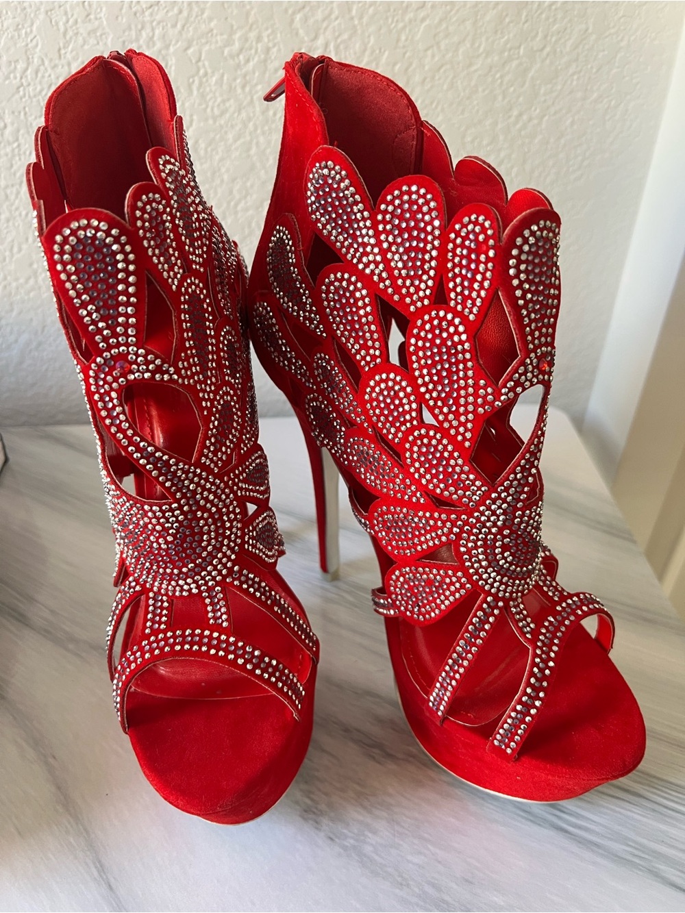 Red Crystal Floral Cutout Platform Stiletto Strappy Sandals Heels Open Toe Zip
